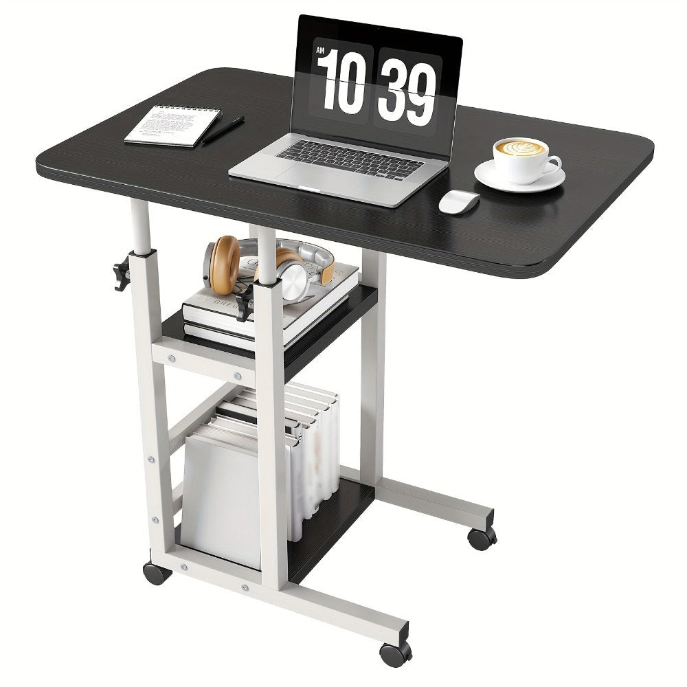 Escritorio Portátil de Madera Moderno con Altura Ajustable y Almacenamiento Multinivel - Estación de Trabajo para Hogar Ahorradora de Espacio con Ruedas, Soporte para Laptop y Función de Mesita de Noche Ideal para Trabajadores Remotos