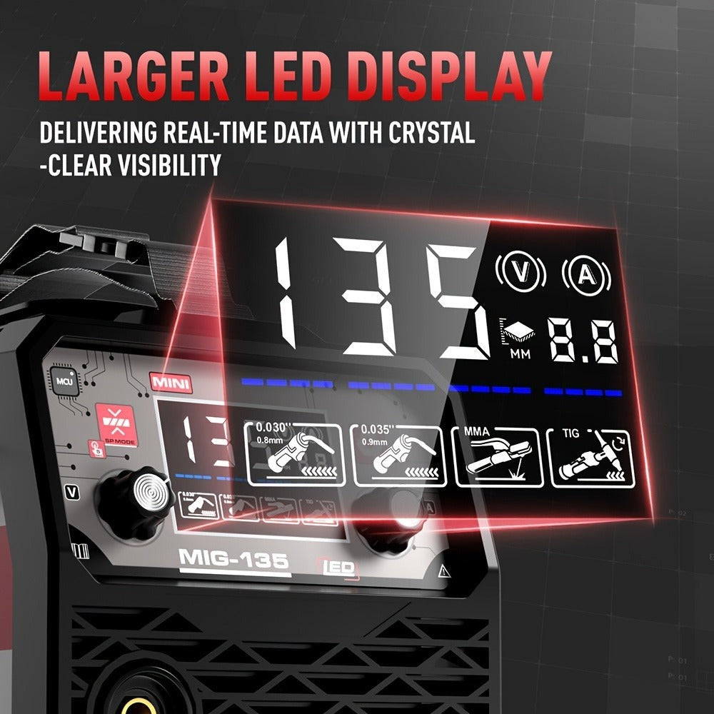 ANDELI 135Amp Máquina de Soldar MIG Flux Mig/Lift Tig/Stick 3-En-1 230V Portátil Sin Gas Multiproceso Soldadora Pantalla Digital LED Máquina de Soldar Inversor IGBT con Soplete Tig