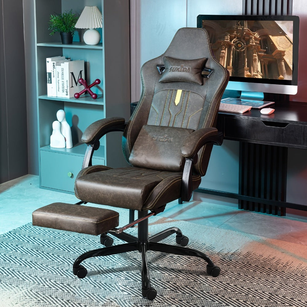 Silla de Juego y Oficina, Silla de Computadora con Reposapiés, Reposacabezas y Soporte Lumbar, Silla Ergonómica, Silla Giratoria y Ajustable en Altura, Opciones en Gris, Beige, , Marrón y Verde