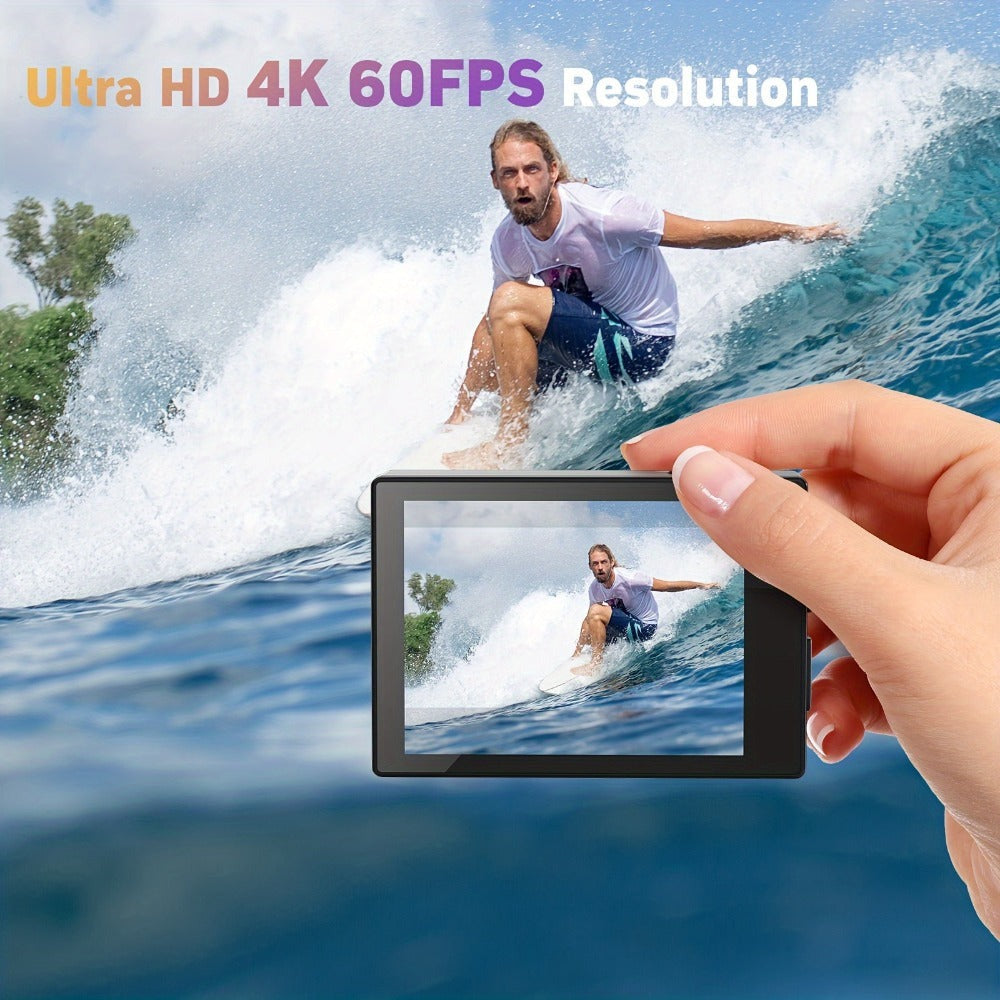 Cámara de Acción 4K HD, con Kit de Accesorios Completo, Pantalla OLED de 1.4 Pulgadas, Estabilización de Imagen Digital, Control de Exposición Automático, Conectividad WiFi, Formato MP4, Lente Ojo de Pez, Enfoque Automático Híbrido, Medición de Peso Centr