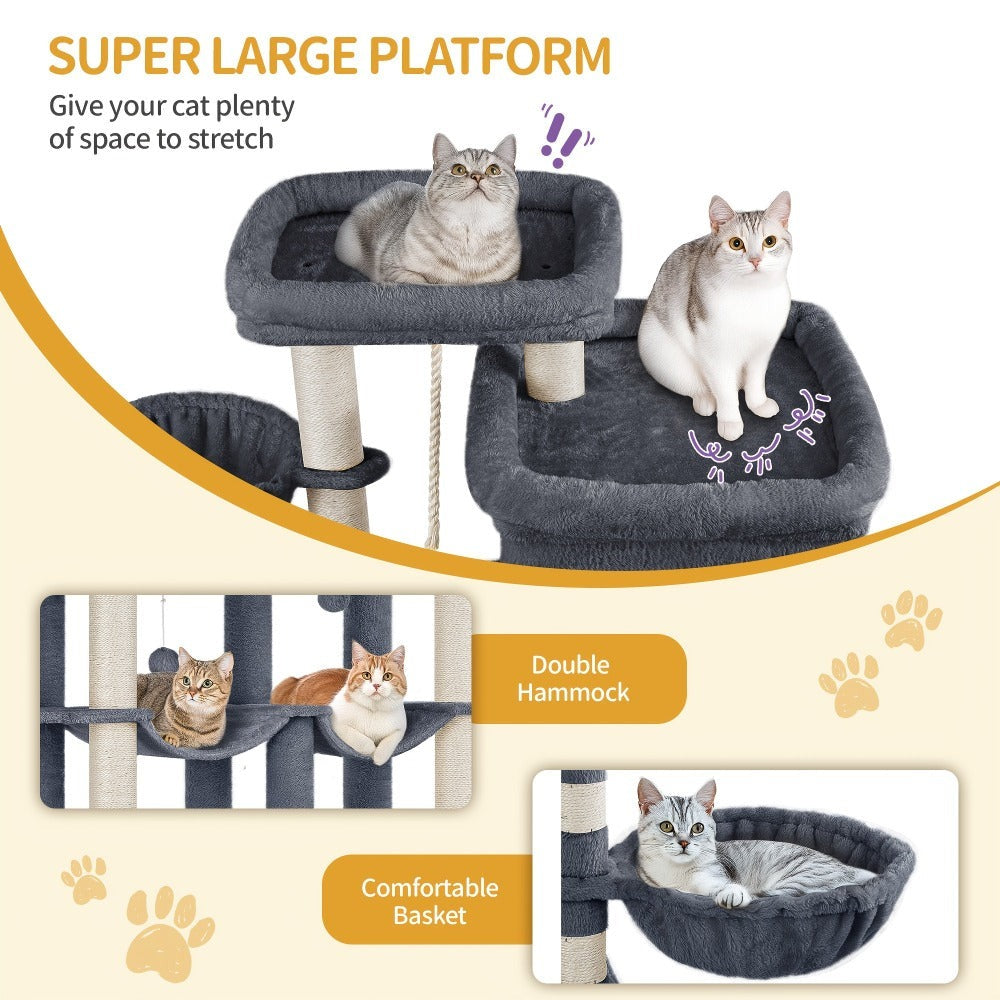 Poste Rascador para Gatos 200cm XXL, Incluye 10 Postes Rascadores, 2 Camas para Gatos, 2 Hamacas, Plataforma Grande, Cepillo para Gatos, Cesta, Árbol para Gatos de Alta Resistencia, Adecuado para Maine Coons y Gatos Grandes, Gris Claro, Gris Oscuro, Beige
