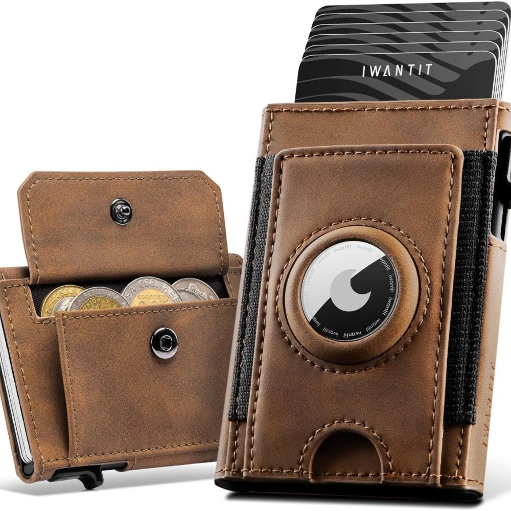 Cartera IWANTIT con Compartimento Grande para Monedas, Cartera para 6-7 Tarjetas, Cartera Delgada para Hombres con Protección RFID, Cartera Inteligente con Apertura Automática, Estuche para Tarjetas con Compartimento para AirTag, Marrón, Minimalista
