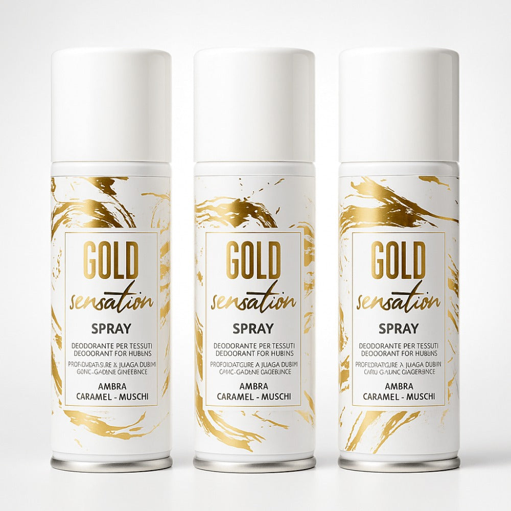 HOME PRO – Kit Profesional de Spray Desodorante para Telas, Sensación Dorada – Fragancia de Ámbar, Caramelo y Almizcle – Eliminador de Olores de Larga Duración, Aroma de Lujo – 3x150 ml – Hecho en Italia