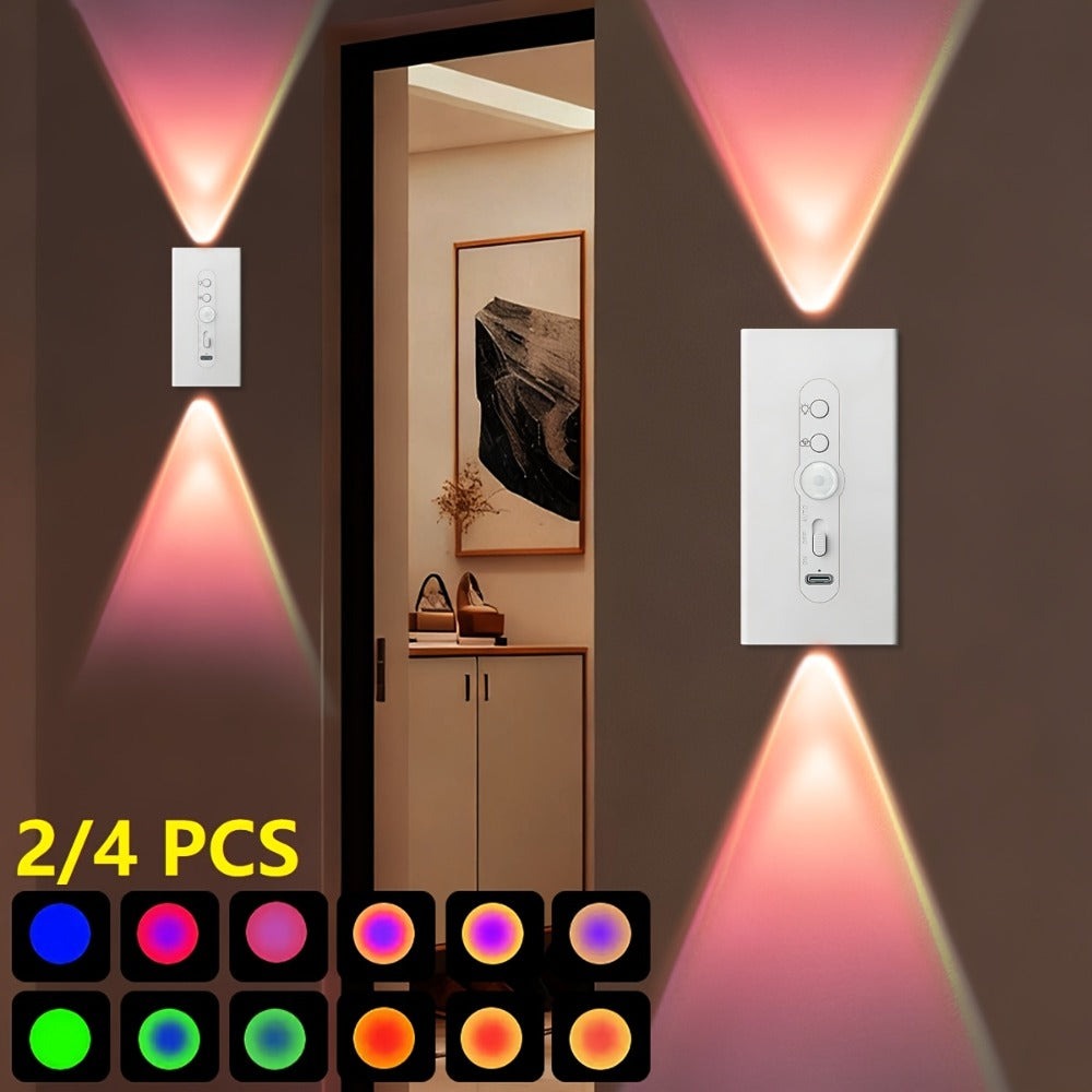 Juego de 2/4 piezas de luz nocturna LED con sensor de movimiento, 7 colores, recargable por USB para decoración de dormitorio, luz nocturna creativa para baños, pasillo, armario, iluminación ambiental para aplique de pared de sala de estar