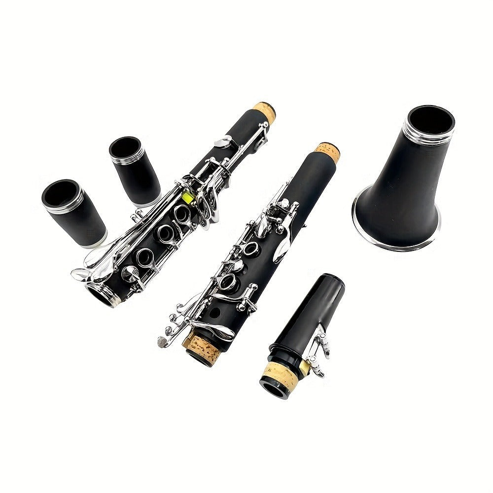 Siemonic Clarinete en Si bemol de 17 llaves, juego de clarinete chapado en níquel con estuche, kit de clarinete para principiantes con kit de limpieza y adicionales, instrumento de viento para práctica, interpretación y uso musical