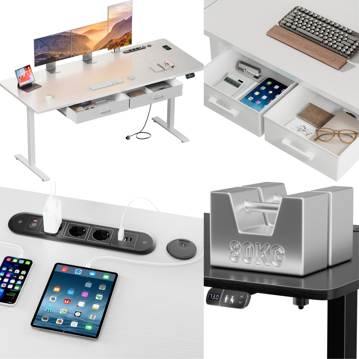 Escritorio de oficina eléctrico ajustable en altura, mesa de PC de oficina para juegos con enchufes incorporados, escritorio ajustable en altura para sentarse o estar de pie con 2 cajones de tela, escritorio grande, función de memoria, 5 tamaños