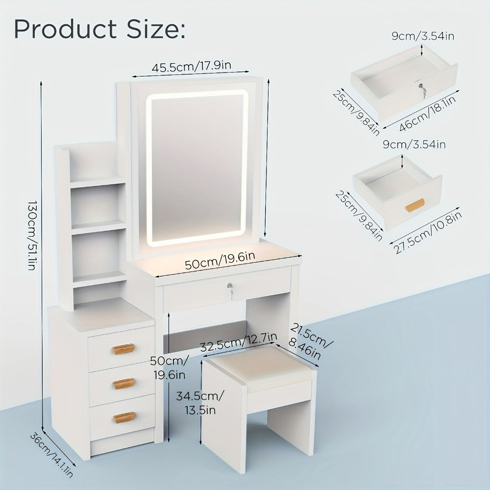 Tocador con espejo de iluminación LED y taburete, 3 modos de iluminación con brillo ajustable, mesa de maquillaje con 4 cajones y 3 estantes de almacenamiento, blanco moderno