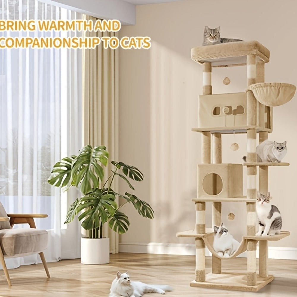 Rascador grande, árbol para gatos de 210 cm, con 8 postes rascadores, posadero, 2 cuevas, tapete lavable, hamaca, pelotas de felpa, rascador de varios pisos para gatos grandes, gris claro, gris oscuro