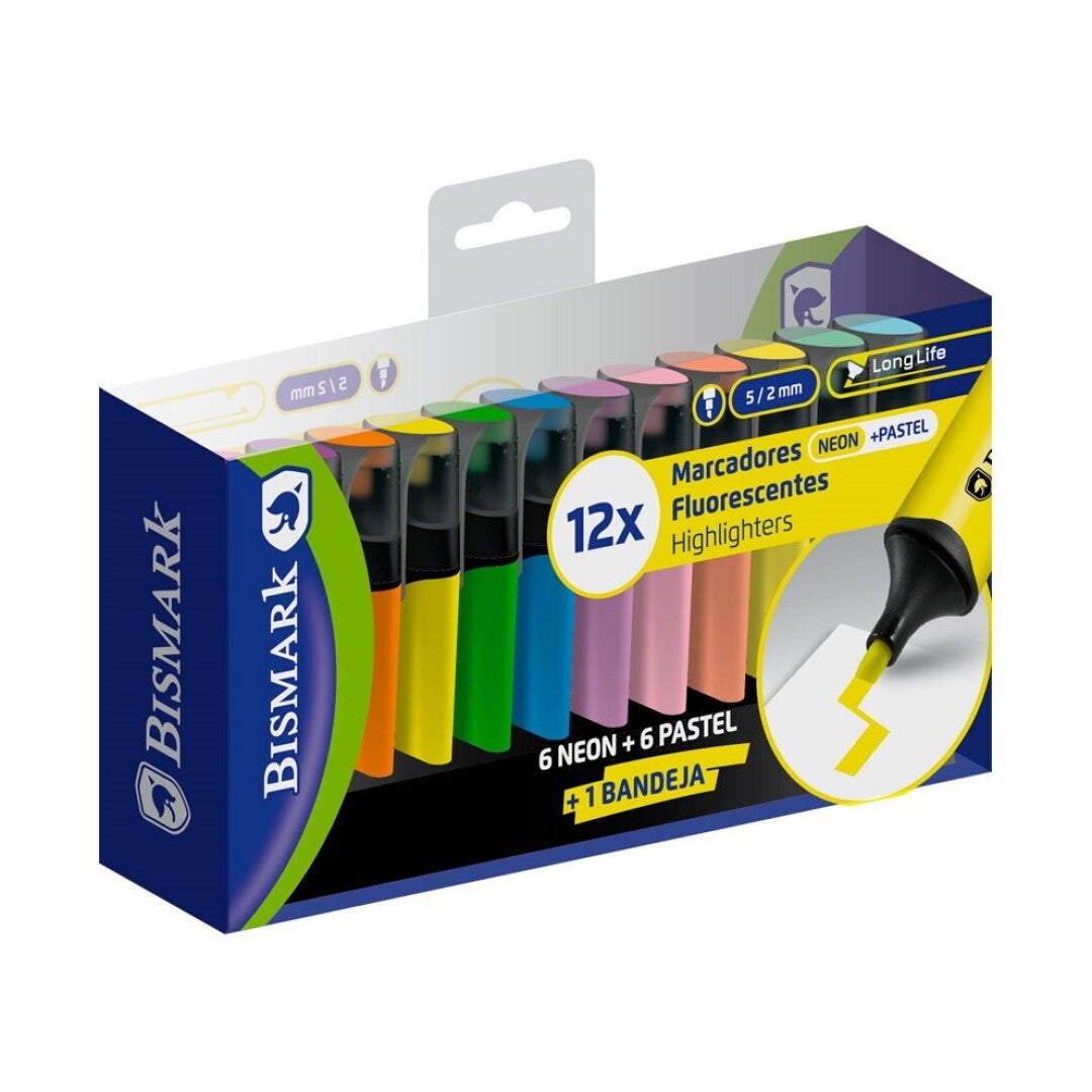 Rotuladores | Set de Subrayadores y Marcadores Fluorescentes Long Life 12 Colores (6 Neón + 6 Pastel), Punta Biselada de Fibra 5 mm, Resaltadores
