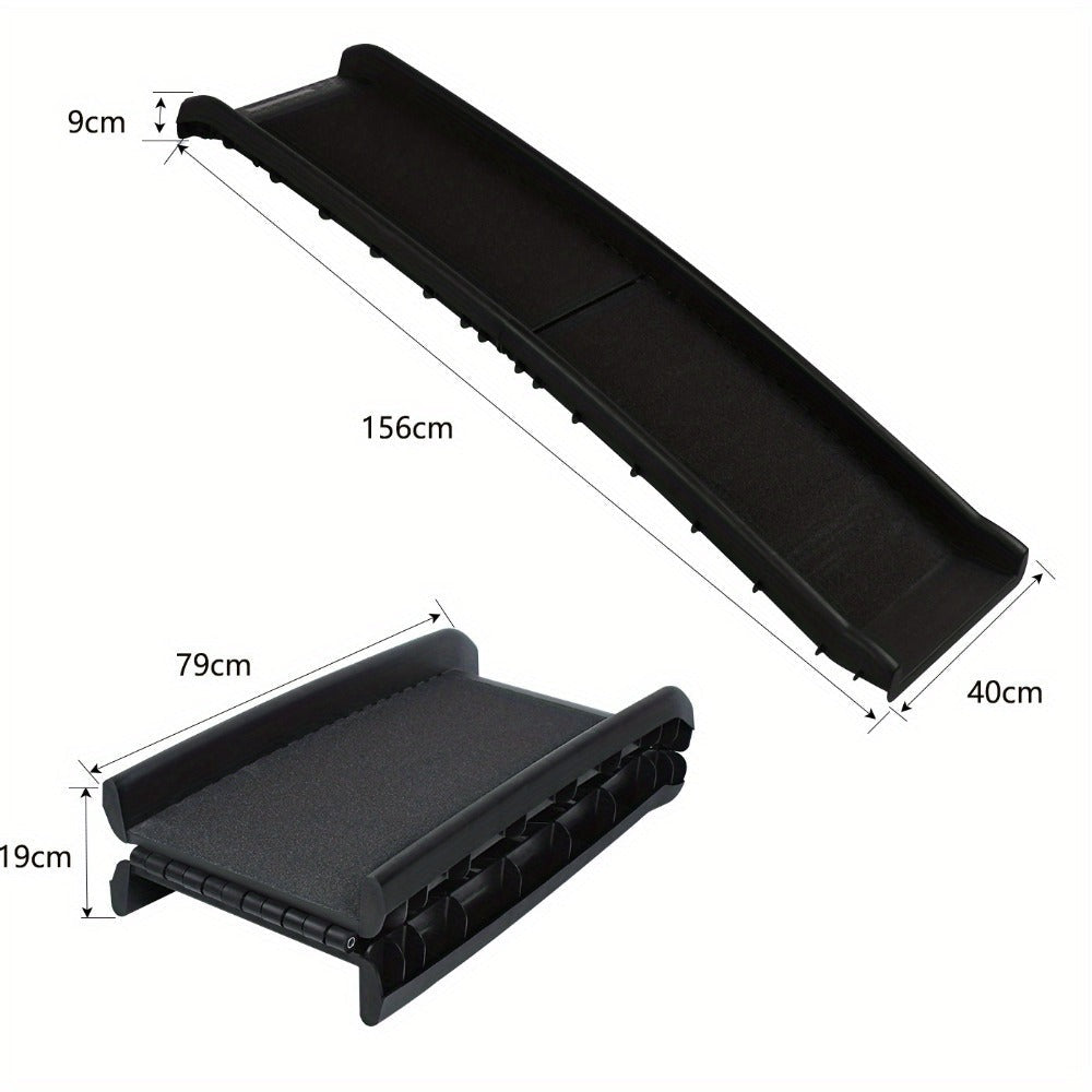 Rampa para perros plegable de plástico, escaleras para mascotas, rampa de acceso antideslizante con topes de goma hasta 90 kg, 156 x 40 cm, negra