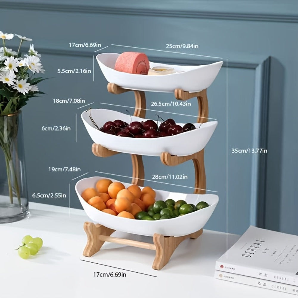 Cesta de frutas blanca de 3 niveles con gran capacidad, plato de frutas de plástico, soporte para pasteles y dulces, diseño en capas para frutas, soporte de bambú y madera, ahorra espacio, adecuado para aperitivos y bandeja de dulces para el hogar