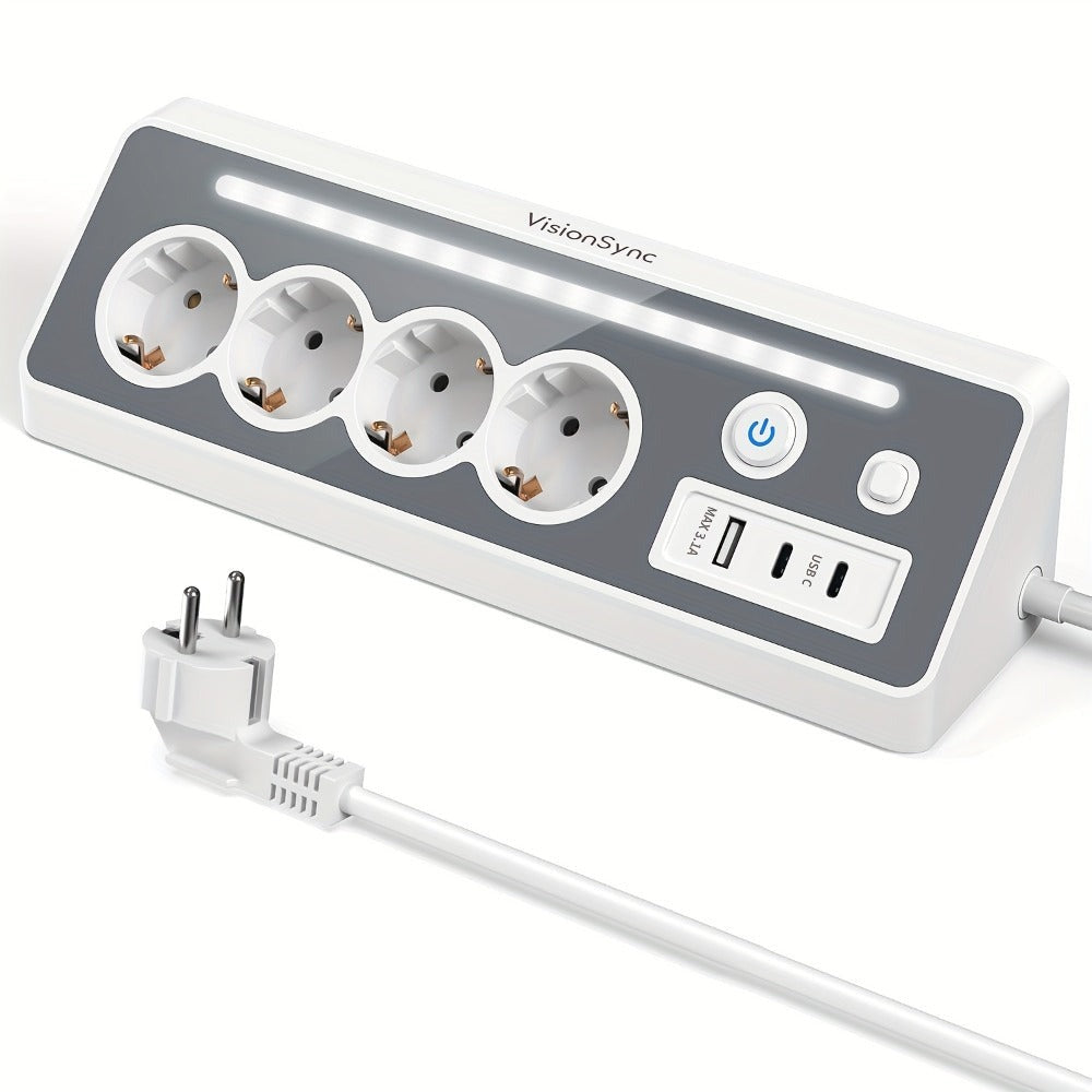 Regleta de enchufes múltiples de ángulo recto 7 en 1 con estación de carga rápida, 4 CA, 2 USB-C de 20W con indicador LED y doble interruptor, ideal para cargar teléfonos, tablets en el hogar, la oficina, configuración de oficina en casa, organización del
