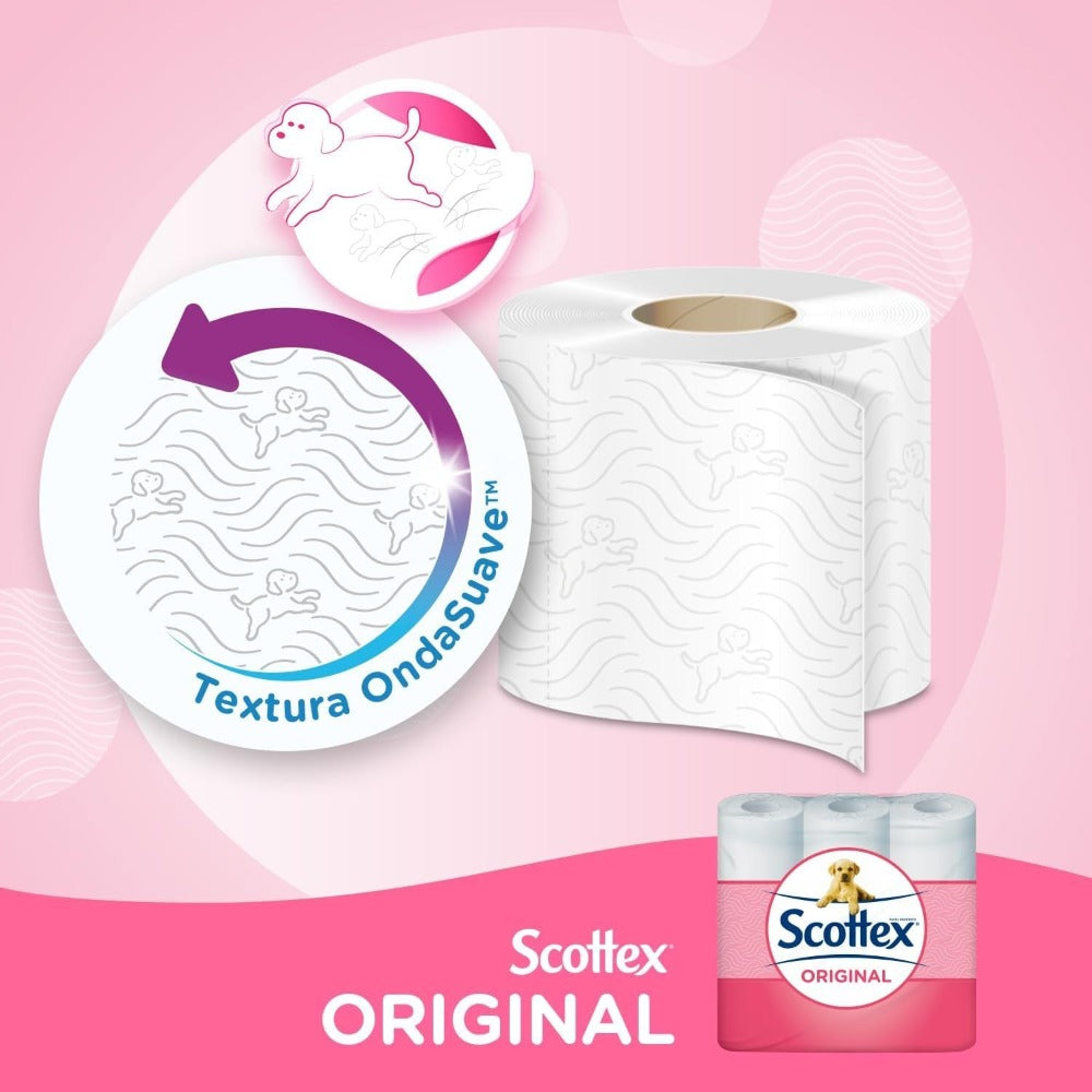 Scottex Original Papel Higiénico, 96 Rollos, 16 Rollos por Paquete, Doble Capa para Máxima Suavidad y Equilibrio