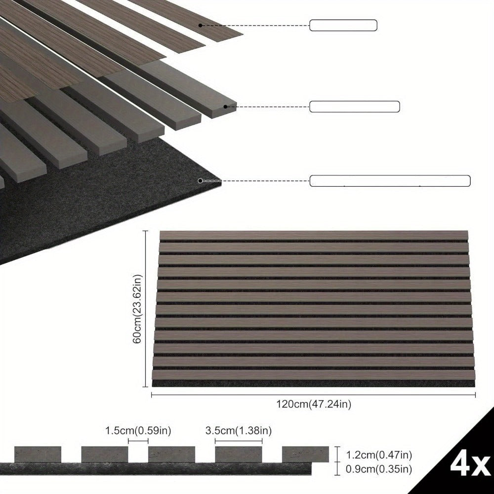 Conjunto de paneles acústicos de 4 piezas, paneles de pared hechos de chapa de madera auténtica, paneles acústicos de listones para paredes, paneles de madera en relieve 3D y fieltro acústico, tamaño 120 x 60 cm, color madera antracita marrón