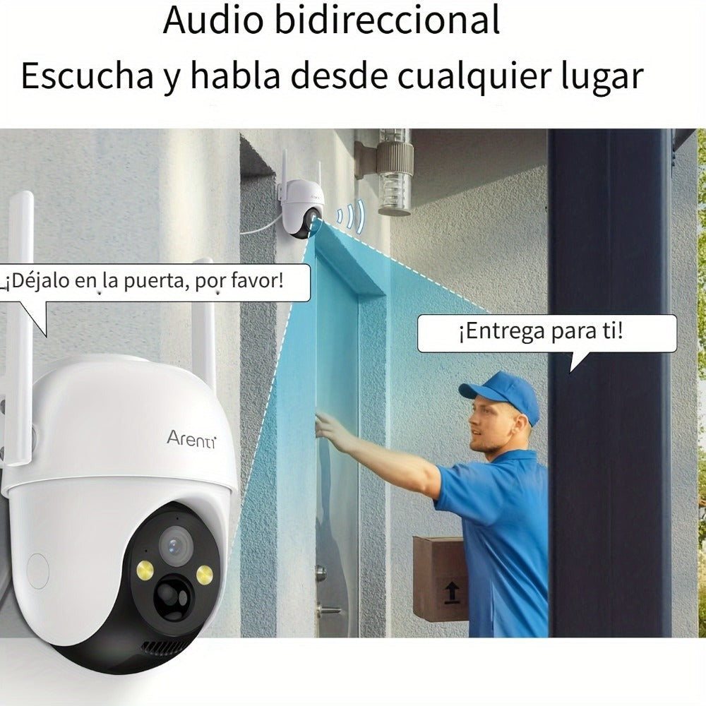 Cámara de seguridad exterior Arenti de 3MP con energía solar, PTZ 360° Pan-Tilt-Zoom, visión nocturna a color, sensor de movimiento PIR, audio bidireccional, foco y alarma de sirena, alta calidad, WiFi inalámbrico, alimentada por batería y USB, grabación