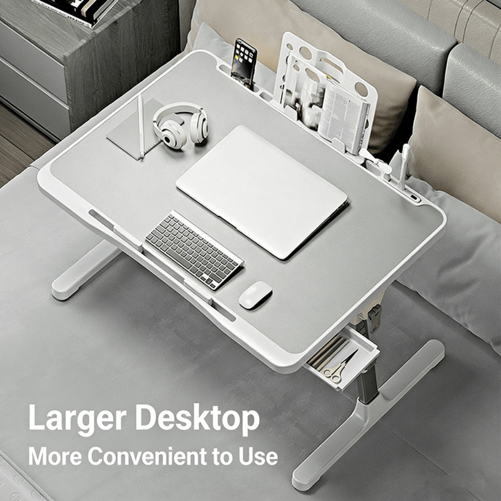 Mesa plegable para portátil de 1 pieza, bandeja de mesa para cama para portátil, mesa portátil para cama y portátil, mesa pentagonal ajustable para portátil con ranuras, barras antideslizantes y cajones para cama, sofá, desayuno, trabajo, estudio, lectura