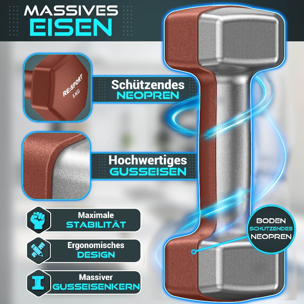 RE:SPORT® Juego de Mancuernas 3 Pares, 1Kg - 5Kg, 12Kg o 18Kg con Soporte y 3 Bandas Elásticas Fitness | Mancuernas Cortas Antideslizantes de Neopreno para Mujeres y Hombres | Juego de Mancuernas