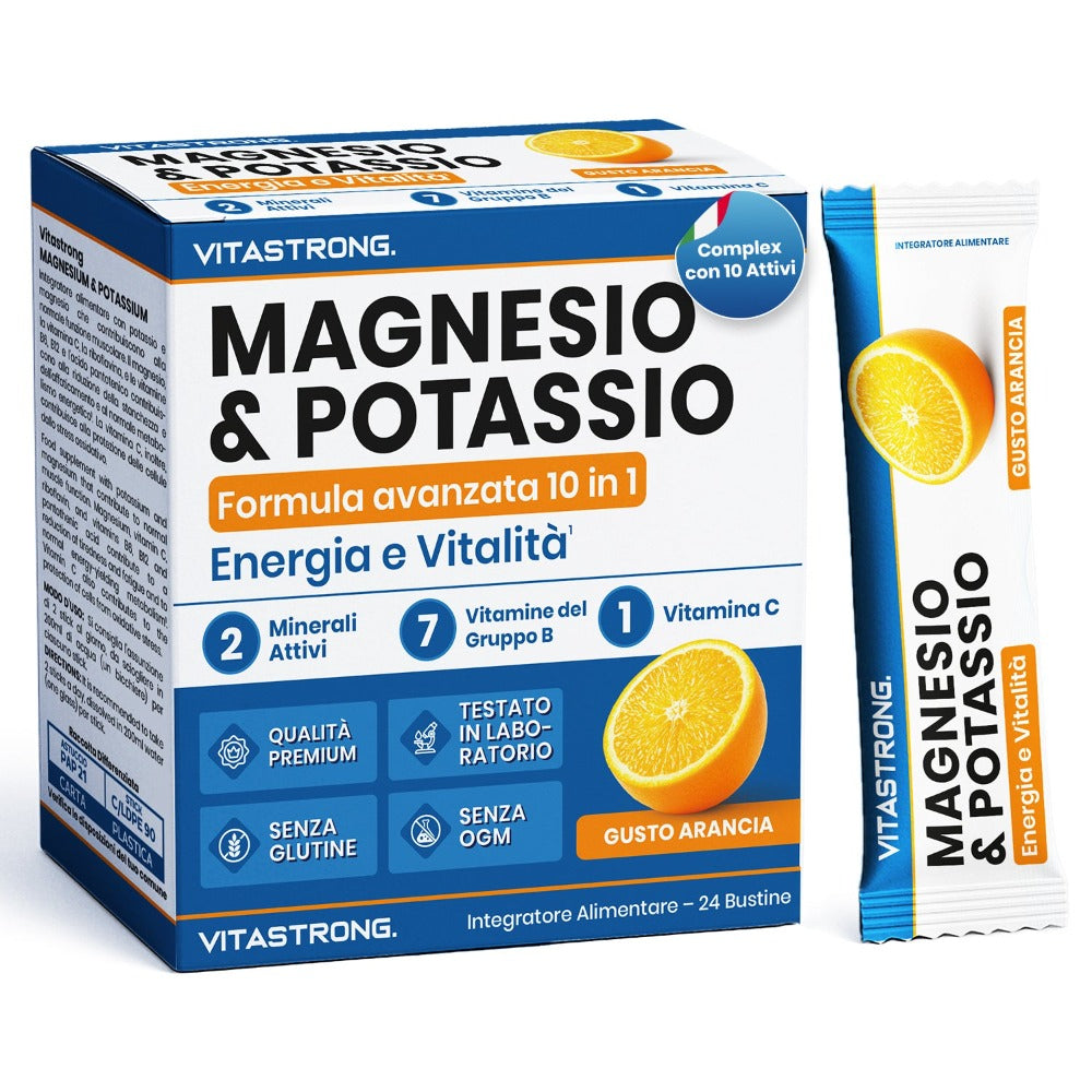 Vitastrong Magnesio y Potasio Fórmula 10 en 1, Sobres de Suplemento Multivitamínico de Potasio y Magnesio, 24 Barras con Vitamina C y Complejo B, Sin Sacarosa, Sin Gluten, Sabor a Naranja