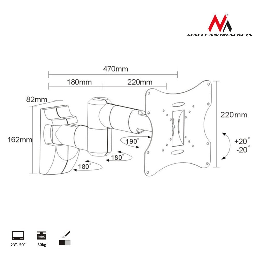 Soporte de pared para TV universal de 23 a 50 pulgadas, máximo 30 kg, ensamblaje completo Maclean MC-503A S