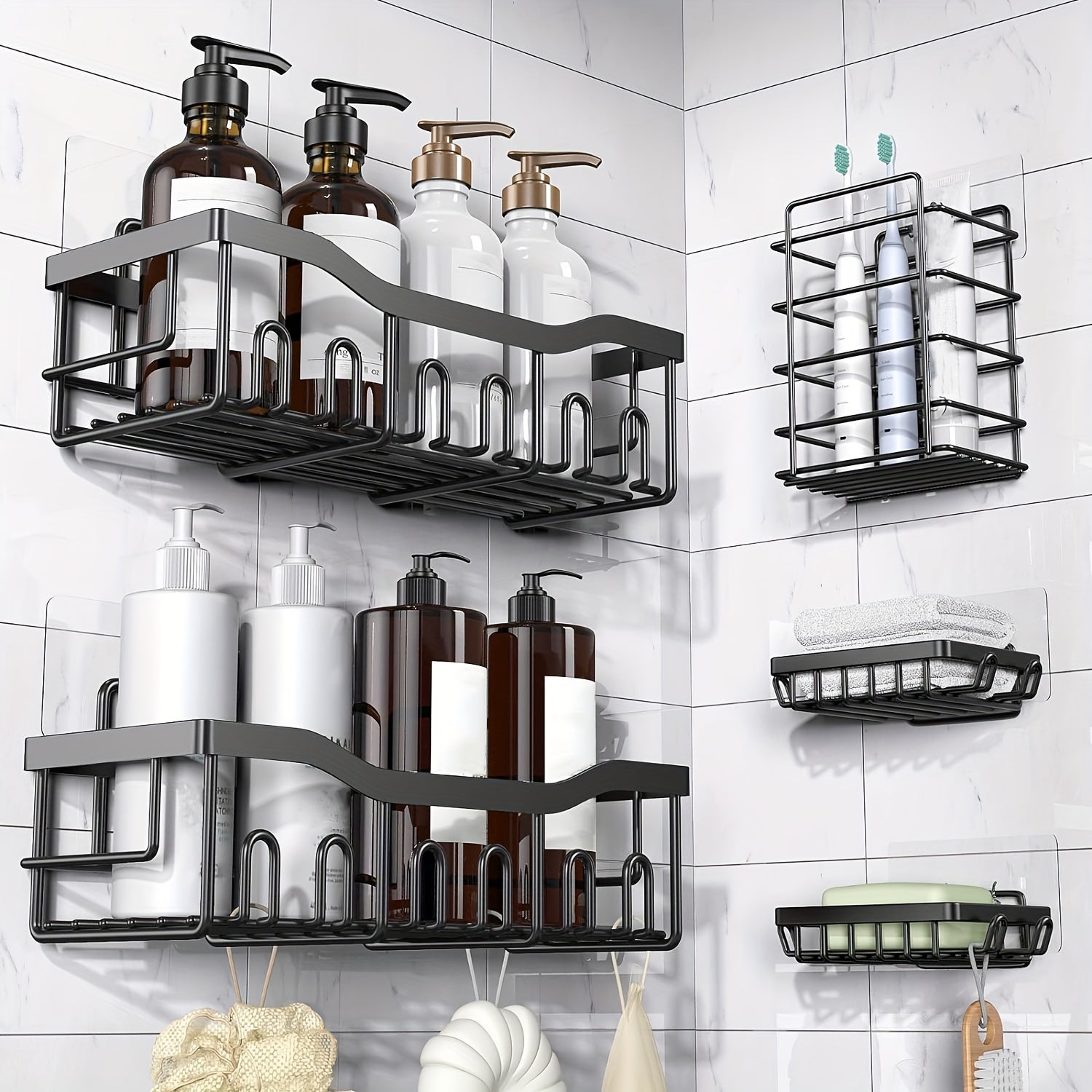 Organizador de ducha adhesivo, paquete de 5 organizadores de baño de acero inoxidable inoxidable a prueba de óxido de gran capacidad, estantes sin taladrar para almacenamiento de baño y decoración del hogar, propiedades de color aleatorio a elegir, organi