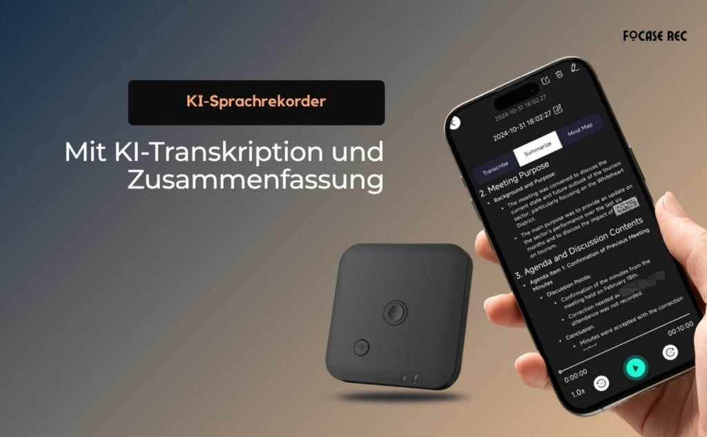 Grabadora de Voz con APP para Transcripción AI, Resumen GPT-4o, Traducción, Mapeado Mental, 64GB de Almacenamiento y Diseño Magnético, Ideal para Llamadas, Clases y Reuniones, por FoCase Rec