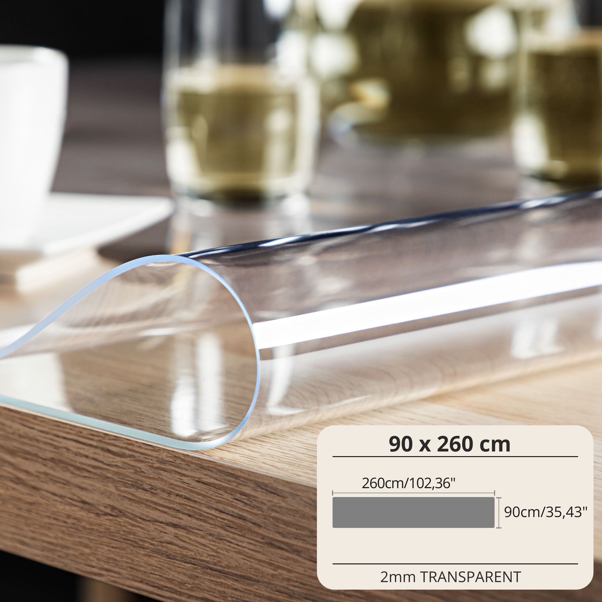 Mantel Protector con PVC de 2mm - Ancho 90cm - Mantel de Vidrio Suave Transparente Resistente a Arañazos y Agua, Protector de Mesa Fácil de Limpiar, Papel de Mesa Duradero para Cocina, Comedor, Restaurante, Oficina y Hogar - 90X90cm, 90X100cm, 90X110cm, 9