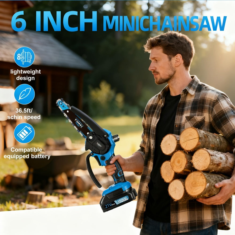 Motosierra Mini Inalámbrica de 6 pulgadas, Motosierra Eléctrica de Mano, Construcción Duradera, Motosierra Compacta, Sierra de Podado Portátil. Adecuada para Recortar Madera y Ramas, Mantenimiento de Jardines y Cuidado del Patio. Motosierra de Iones de Li