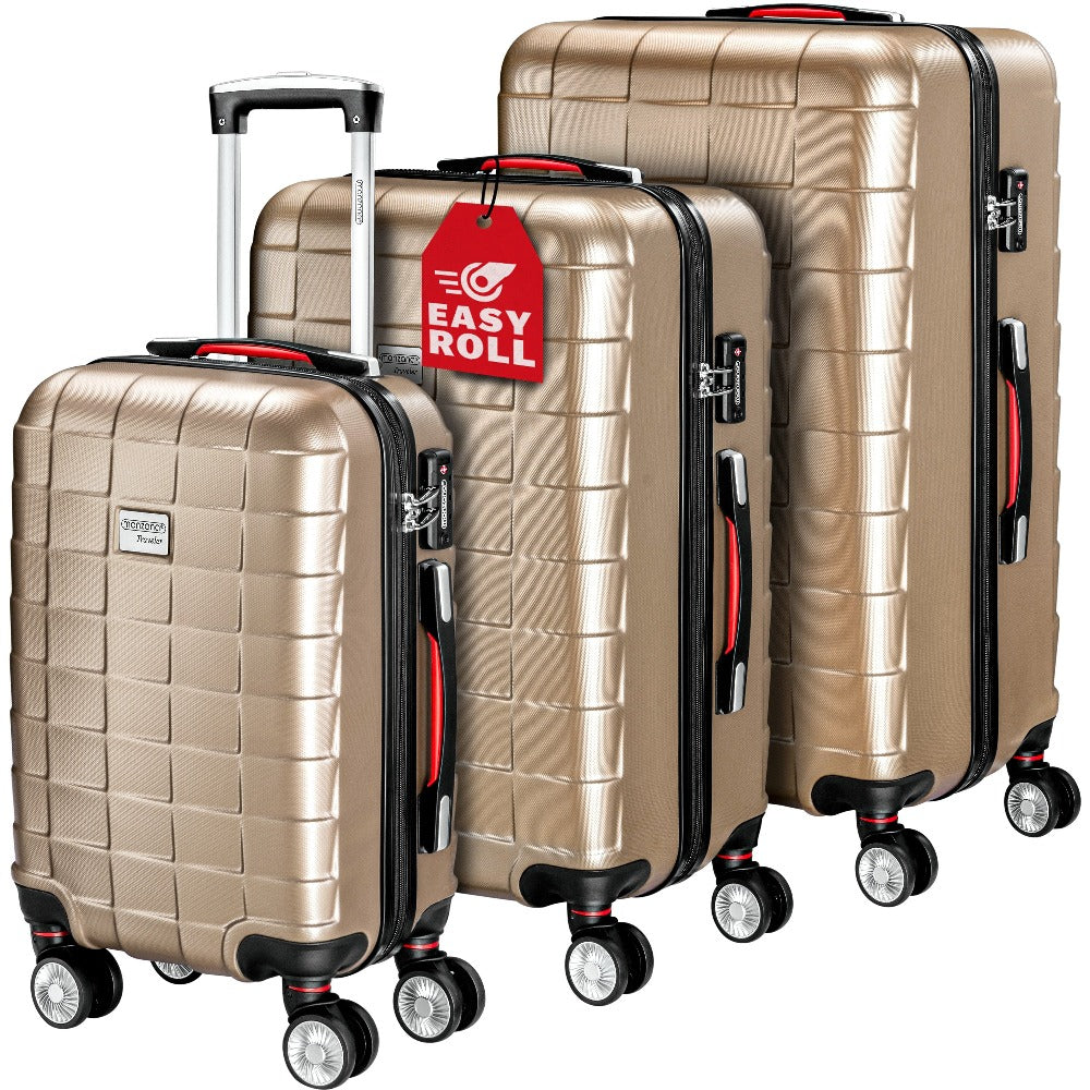 MONZANA® Juego de Maletas de 3 Piezas con Candado TSA, Maletas Rígidas en Tallas M-L-XL, Asas de Gel, 4 Ruedas Gemelas, Pies de Soporte, Maleta de Viaje con Ruedas – Negro, Azul o Champagne