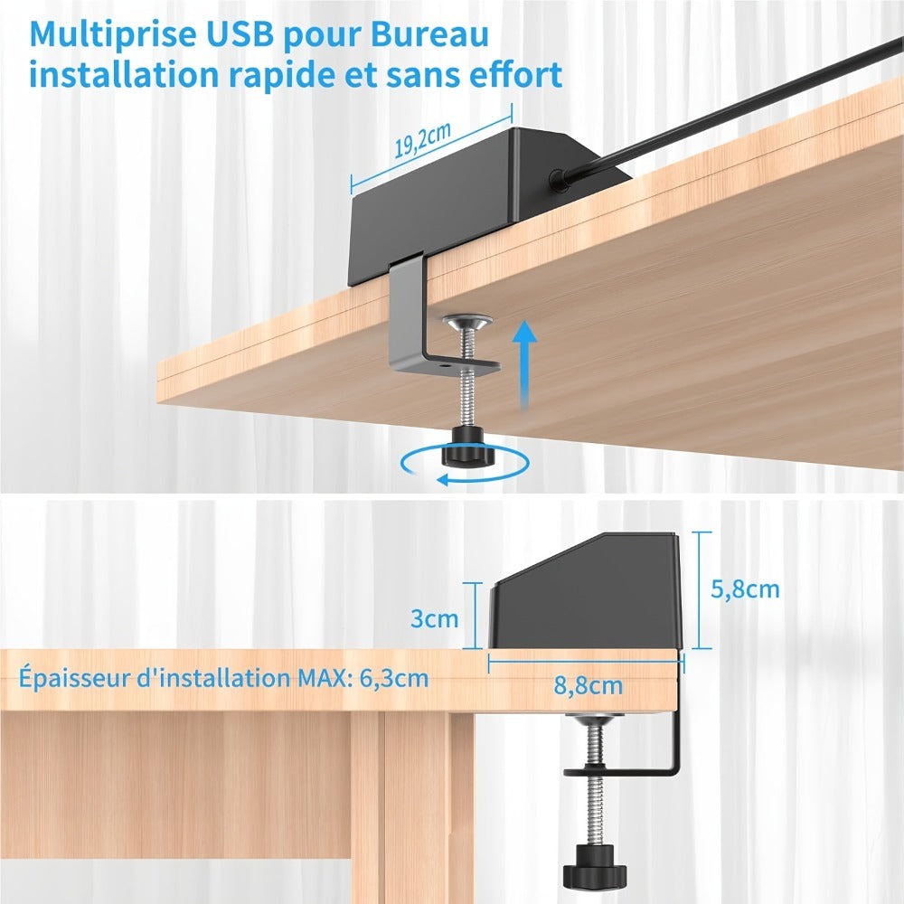 Tira de escritorio multifuncional 7 en 1 con carga rápida USB-C PD20W, toma de mesa con protección contra sobretensiones HAFINO en o blanco con 2 puertos USB-A, 3 tomas de CA y cable de extensión de 2 metros para uso en hogar y oficina, 1 pieza