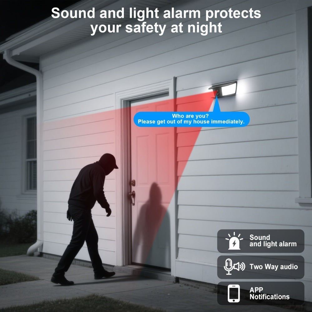 Cámara de Seguridad Solar ANRAN y Luz de Pared, Inalámbrica 2.4G para Exteriores, Protección del Hogar con Detección de Movimiento AI, Luz Activada por Movimiento, Comunicación Bidireccional, IP65, Alarma Inteligente con Sirena