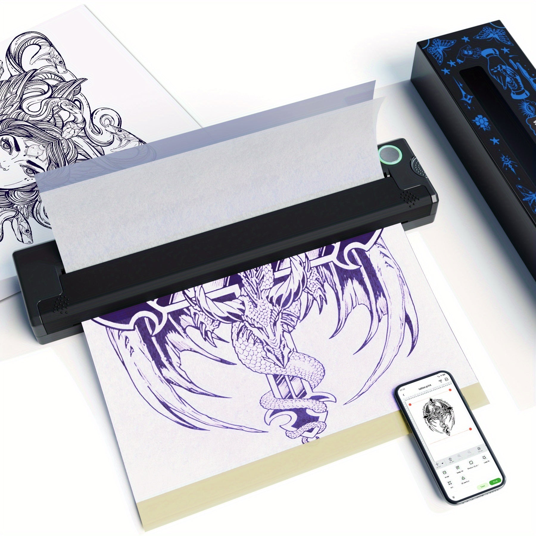 Impresora térmica de transferencia de tatuajes DIY Peripage, 1 pieza con 5 hojas de papel de transferencia A4, mini impresora portátil compatible con smartphones y computadoras iOS y Android para tatuadores y principiantes