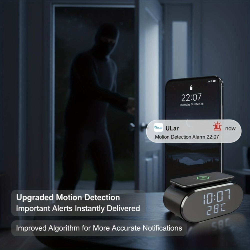 Cámara de seguridad inalámbrica despertador 4K con detección de movimiento, compatible con visualización remota en tiempo real por WIFI, notificaciones de alarma por aplicación y correo electrónico, compatible con Android e IOS, carga USB, incluye tarjeta
