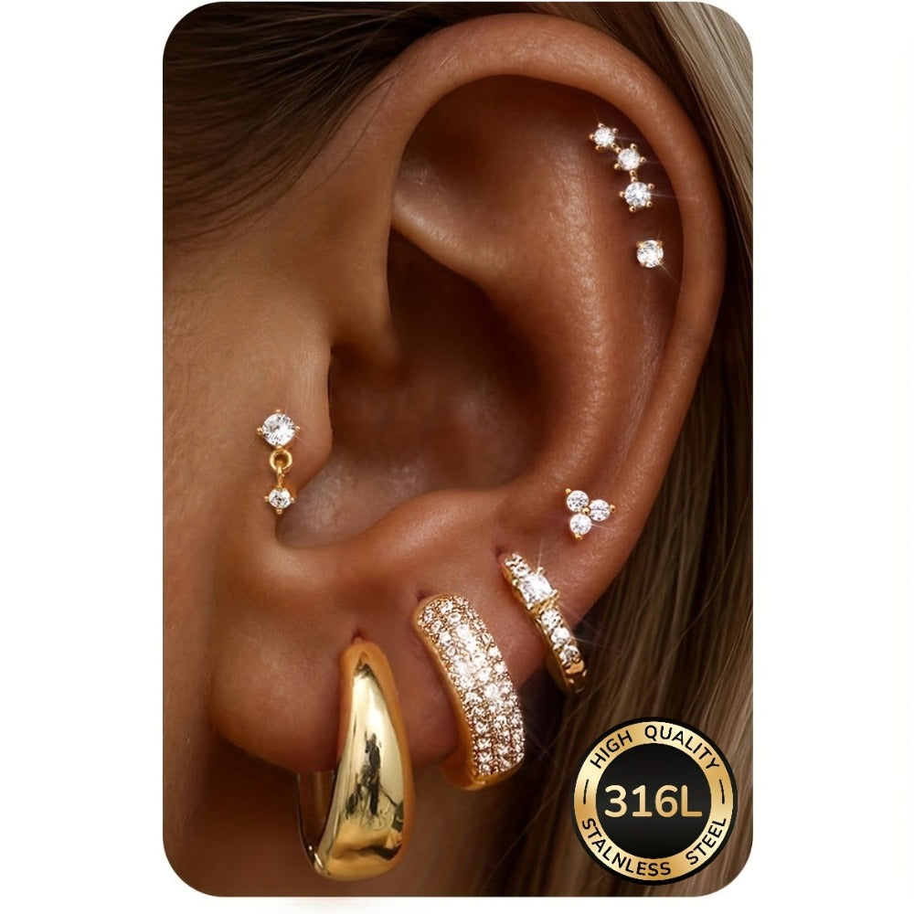 2D Plano - 7 Pares de Aretes de Aro para Mujer Hipoalergénicos Acero quirúrgico 316L Aretes de Doble Filo Aretes de Aro Pequeños para Múltiples Punciones