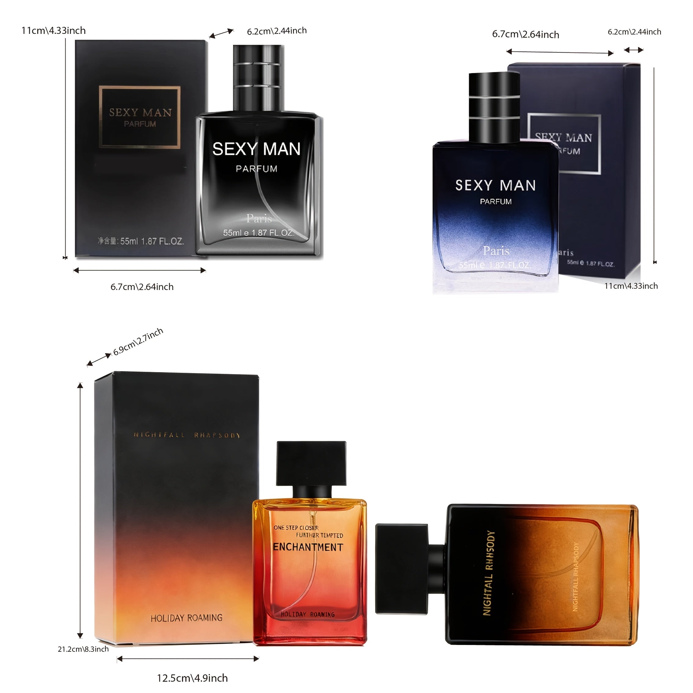 Un set de fragancias de cuatro piezas, que incluye perfume y colonia para hombre, para realzar el encanto y proporcionar un aroma duradero. Adecuado para uso personal o como regalo de vacaciones, totalizando