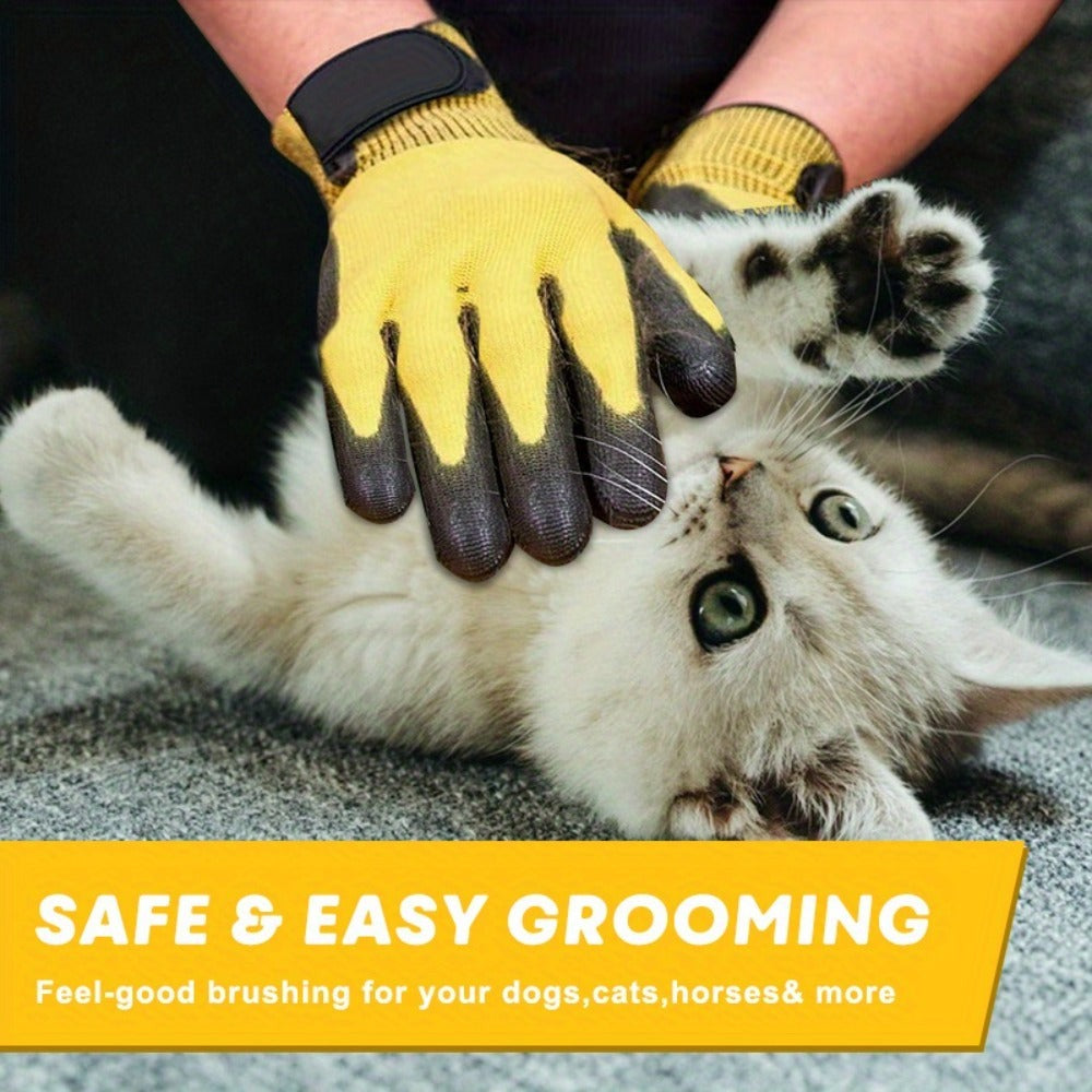 Guantes para baño y aseo de mascotas - Guantes para deshacer pelaje aptos para mascotas con pelo largo y corto, eficaces para eliminar el pelo de gatos, perros y caballos (Amarillo)