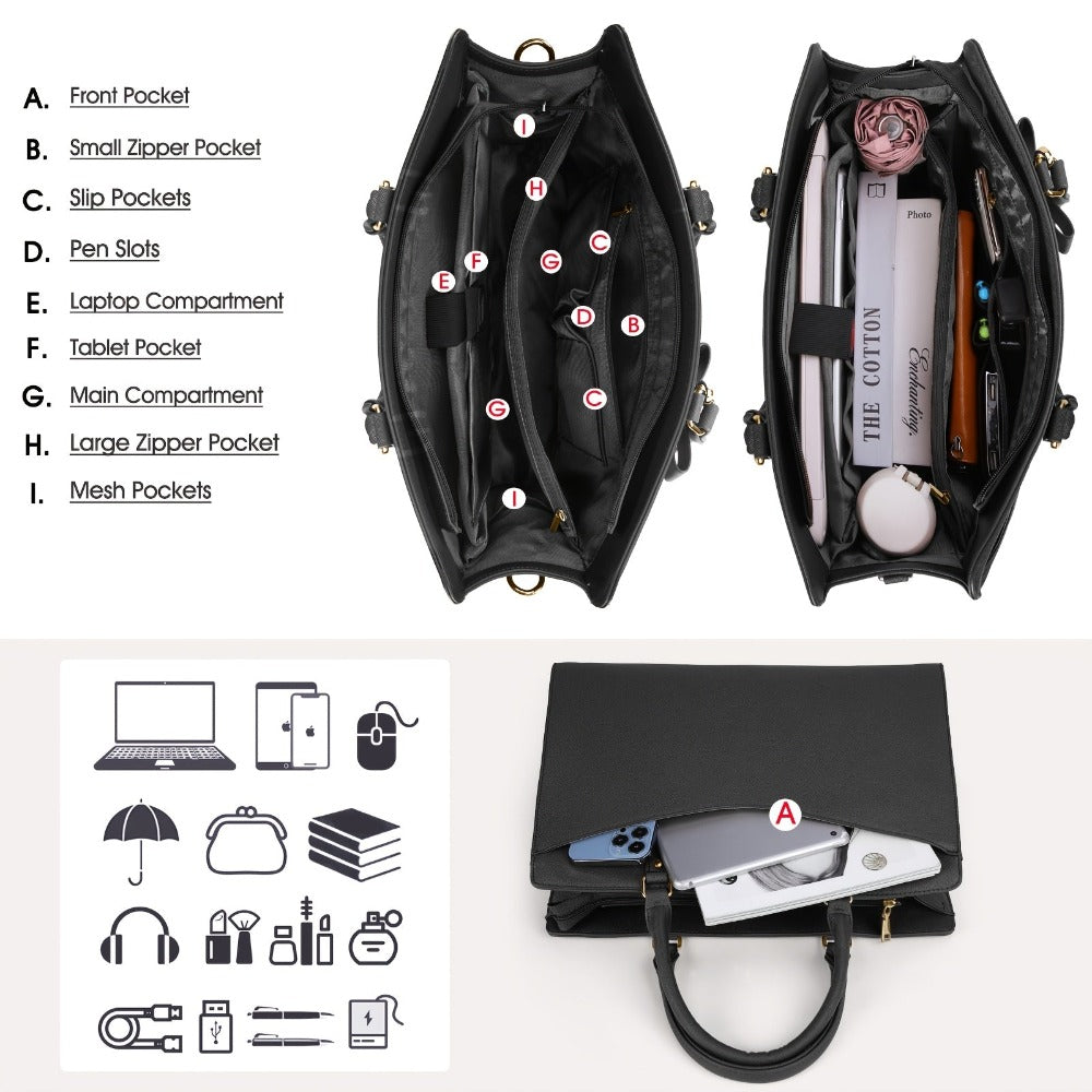 Bolso de Mano y Maletín para Portátil Grande de 39.62 cm para Mujeres Dakuly - Bolso de Trabajo Elegante con Correa Desmontable, Herrajes de Un Solo Tono, Bolsillo Acolchado para Tableta/Portátil - Bolso de Negocios Profesional para Abogados, Oficina, Via