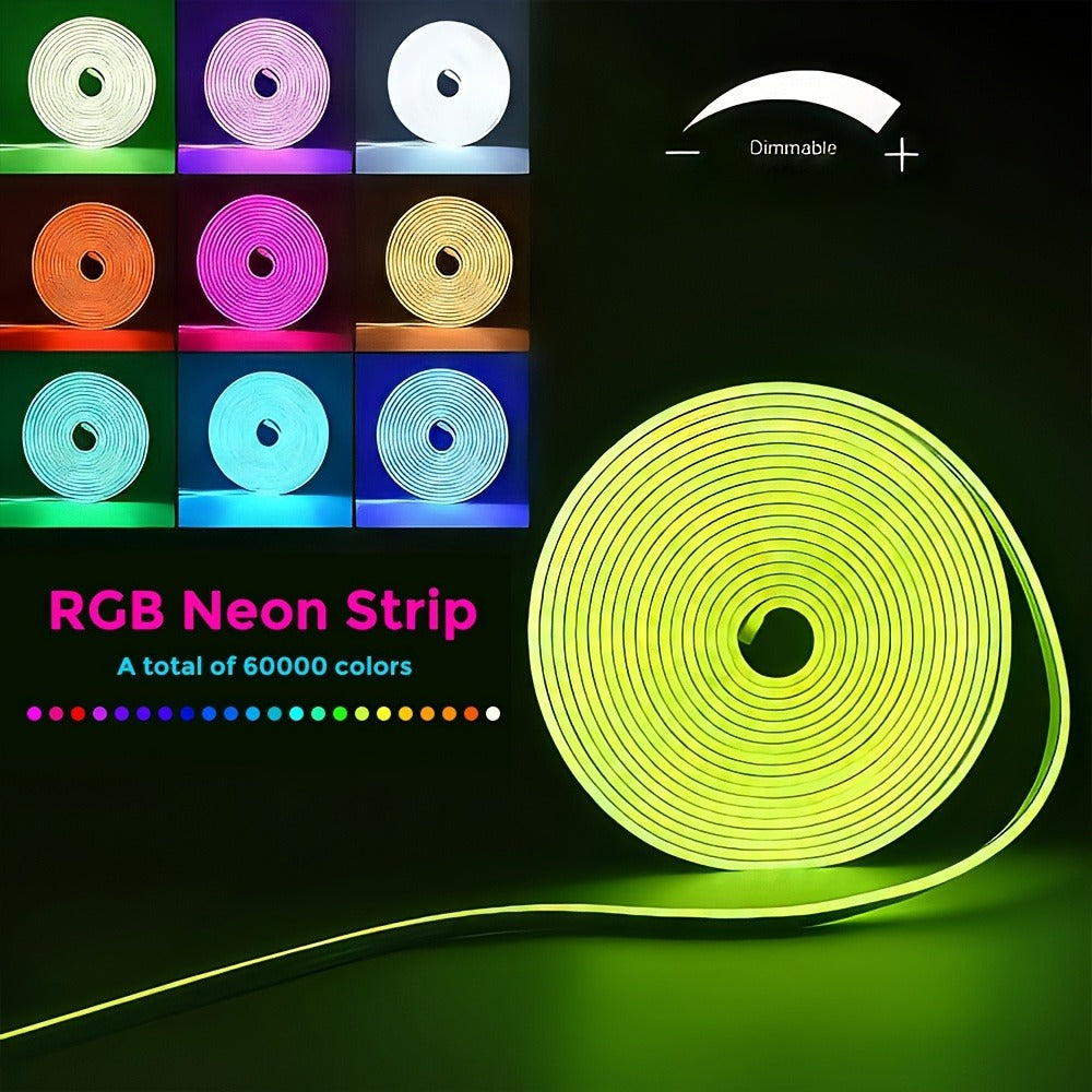 Tira de luz LED neón regulable de 5/10 metros, función, tira de luz neón RGB para juegos con sincronización de música controlada por aplicación, fuente de alimentación estándar europeo, adecuada para uso en interiores, cocina, sala de estar, techo de dorm
