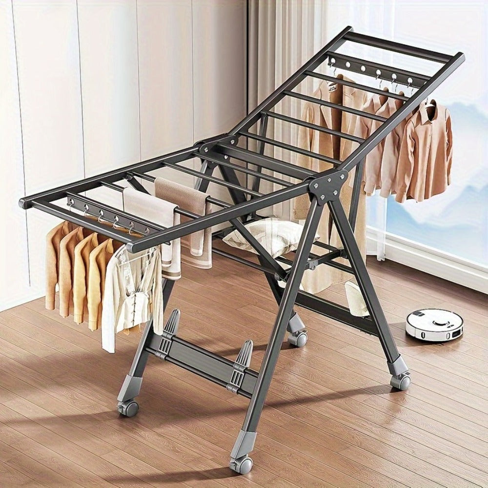 Perchero Plegable de Aluminio Resistente con Estante para Zapatos - Diseño en 3 Segundos, Altura Ajustable, 4 Ruedas para Uso Interior/Exterior, Montaje Sin Herramientas, Estabilidad en Forma de A, Ahorro de Espacio Gris, Secado de Ropa Portátil, Construc