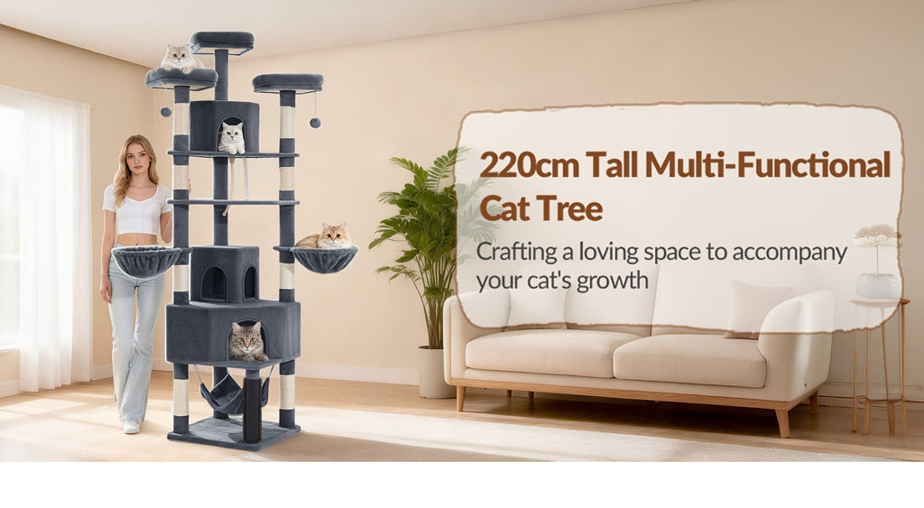 Árbol para gatos de 220 cm de varias capas con 3 casitas para gatos, 3 plataformas, 3 hamacas, 8 postes de sisal, 1 bola de pelo y 1 cuerda de sisal