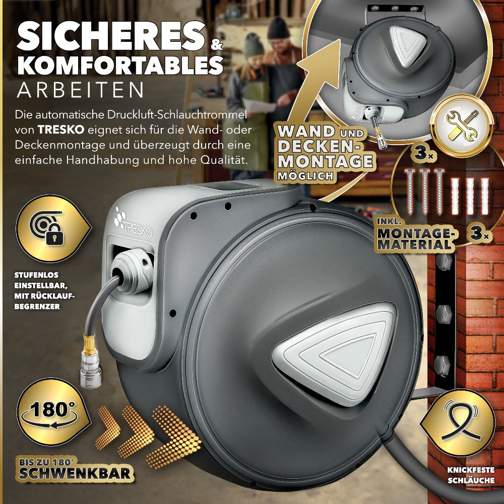 TRESKO® Carrete Automático para Manguera de Aire | Enrollador de Manguera de Aire de 1/4" | Soporte Automático para Manguera Montado en la Pared