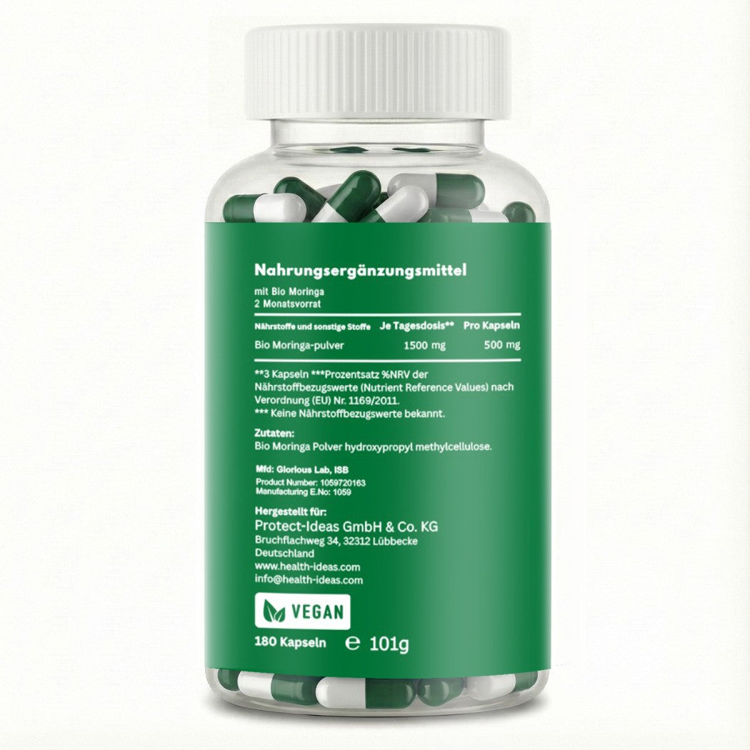 Cápsulas de Moringa de Alta Dosis – 1500 mg Dosis Diaria – 180 Cápsulas Veganas de Moringa – Hechas de Polvo de Moringa – Suplemento de Moringa Probado en Laboratorio – Sin Aditivos