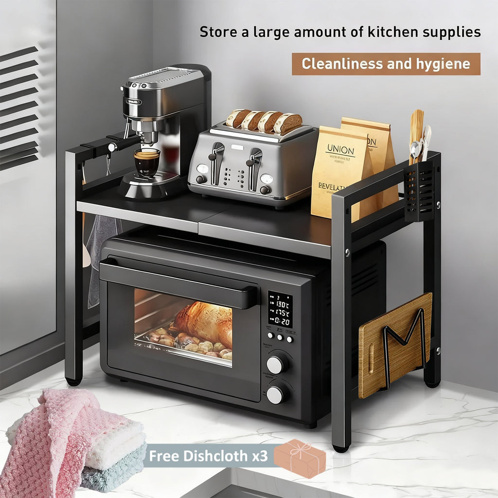 Estante de microondas extensible, estante de microondas de 2 niveles con 3 toallas, 5 ganchos, soporte para palillos y estante para tabla de cortar, organizador de cocina, estante para hornear en microondas, encimera, extensible de 40-64 cm (Negro, Blanco