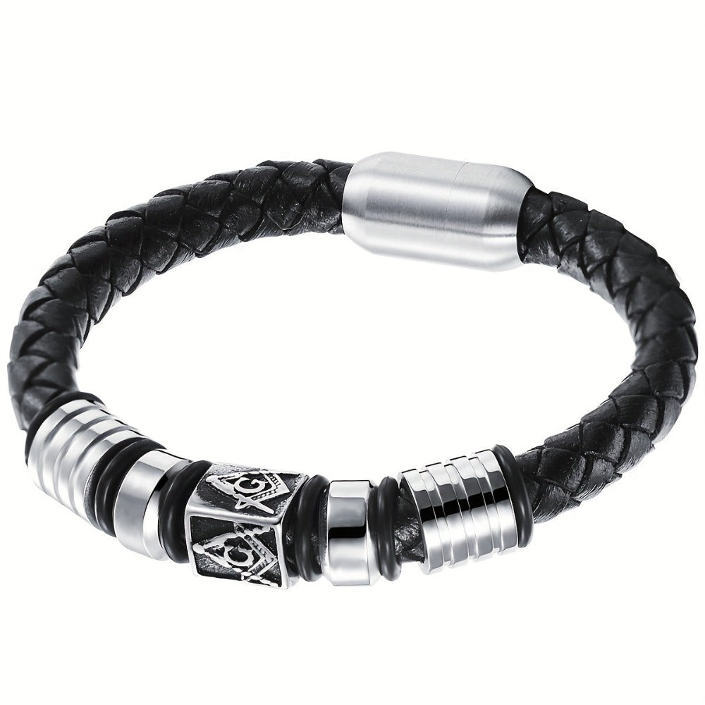 Pulsera tejida de cuero sintético con cuerda, masonería y hebilla magnética con cuentas, estilo europeo y americano, para hombre