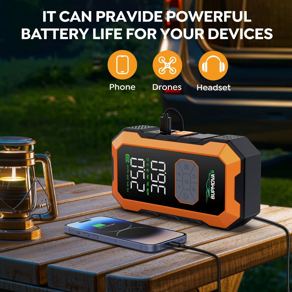 Arrancador de Coche 12000A con Compresor de Aire Inflador de Neumáticos Inalámbrico, Booster de Batería de 25000mAh con Pack de Batería Externa y Linternas LED, Caja de Arranque Automático de 12V para Todos los Vehículos de Gasolina o Diésel de 10.0L, Pan