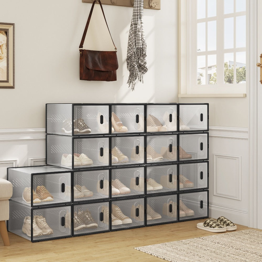 Caja de zapatos apilable, caja de zapatos con puerta magnética, caja de plástico para guardar zapatos, organizador de zapatos plegable para tamaños inferiores a 42, 35X19X25 cm