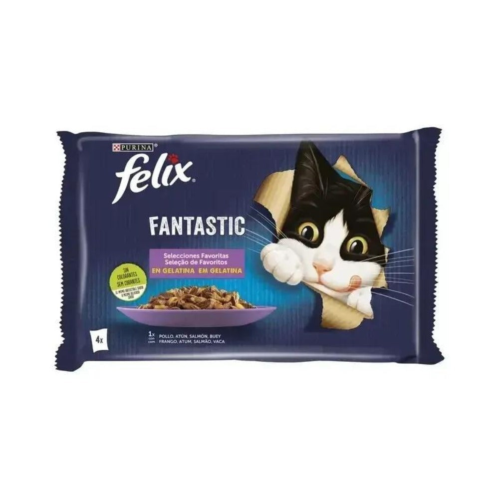 Paquete Ahorro Felix Fantastic Selecciones Favoritas en Gelatina de Pollo, Buey, Salmón y Atún