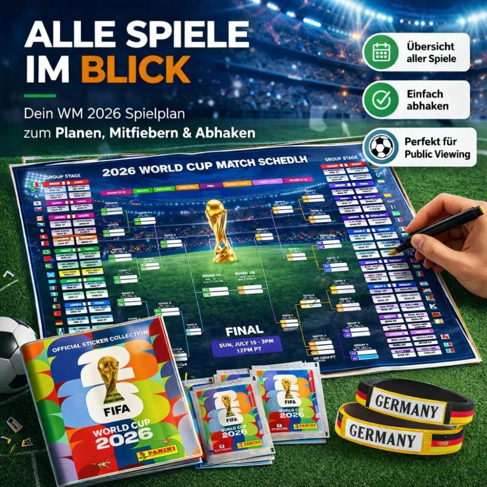 Set de coleccionista TK XXL Copa del Mundo 2026 – Álbum de pegatinas Panini con pegatinas, calendario de partidos y 3 pulseras de Alemania