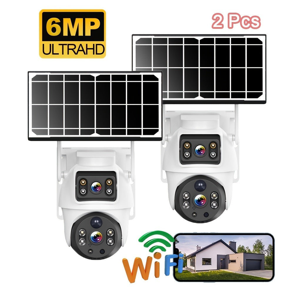 2 Piezas Cámara Binocular Solar WiFi Exterior 6MP, Detección de Humanos, Seguimiento de Movimiento, Intercomunicador Bidireccional, Visión Nocturna a Color, Alertas por Notificación