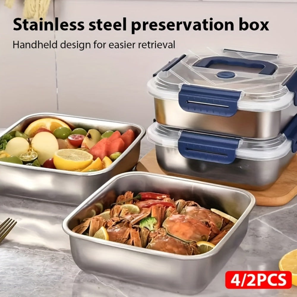 Juego de 2/4 piezas de recipientes herméticos de acero inoxidable para almacenar alimentos con tapas, aptos para microondas, reutilizables, perfectos para refrigerador, ideales para preparación de comidas, cocina al aire libre, esenciales de cocina, recip