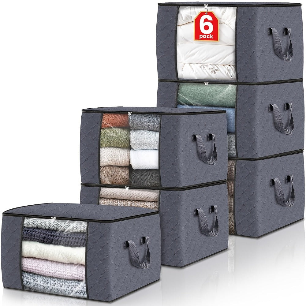 Juego de 6 bolsas de almacenamiento de 60L-90L-120L, bolsas grandes para guardar ropa con cremalleras, asas duraderas y tela gruesa para ropa, ropa de cama, mantas, edredones (gris), almacenamiento debajo de la cama